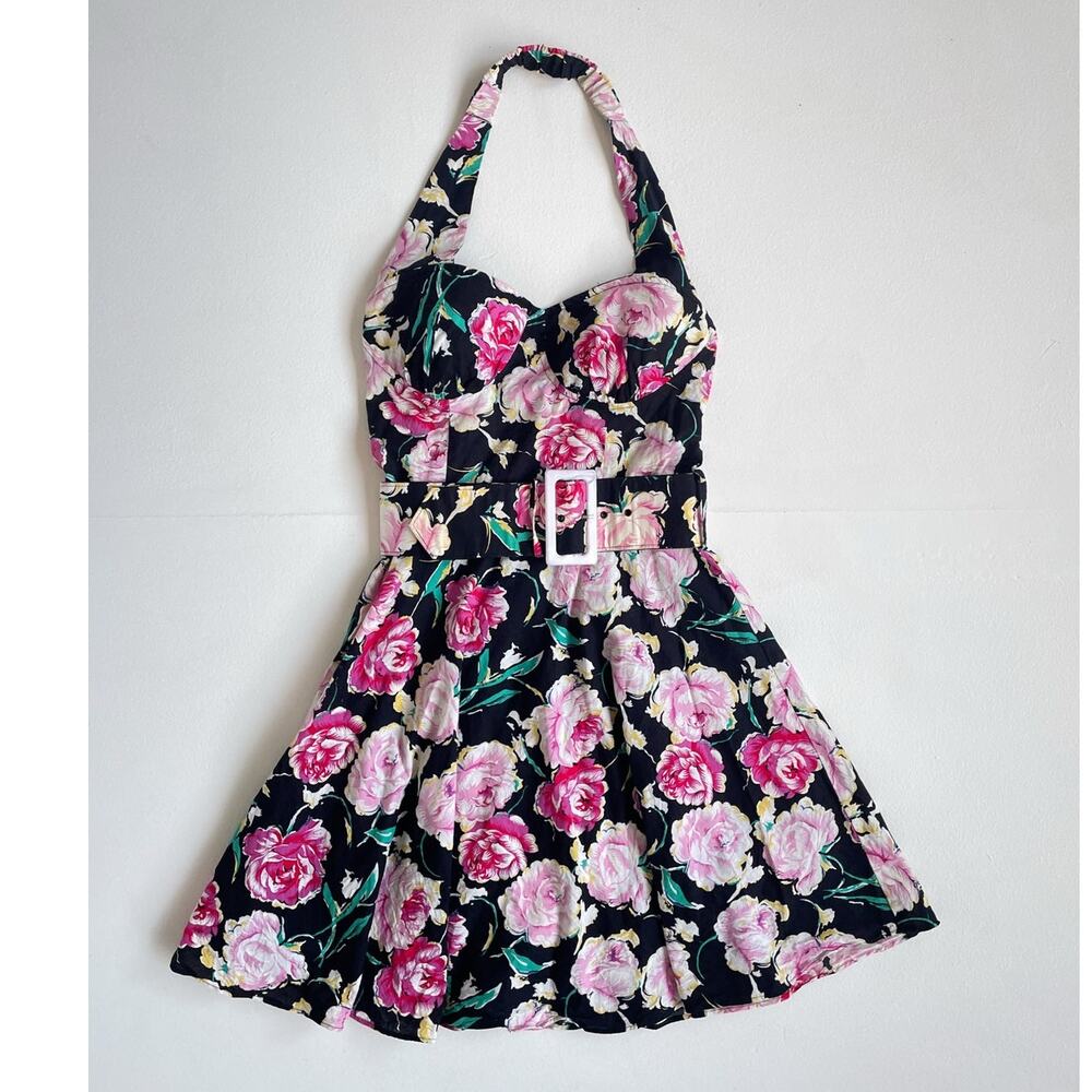 Vtg 90s Floral Rose Halter Mini Cotton Dress / Sz 11 / SUGAR / Belted Sun Retro